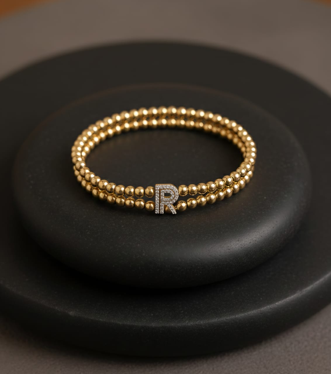 Golden Double Layer Beaded Initial “R” Bracelet for Women & Girls