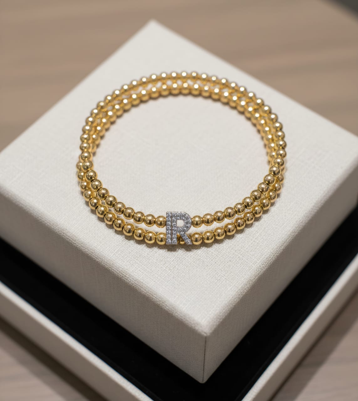 Golden Double Layer Beaded Initial “R” Bracelet for Women & Girls
