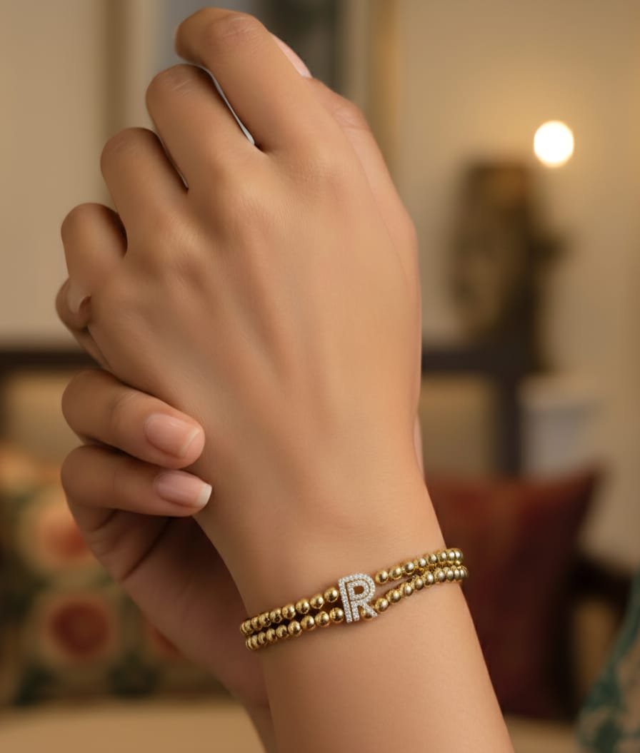 Golden Double Layer Beaded Initial “R” Bracelet for Women & Girls