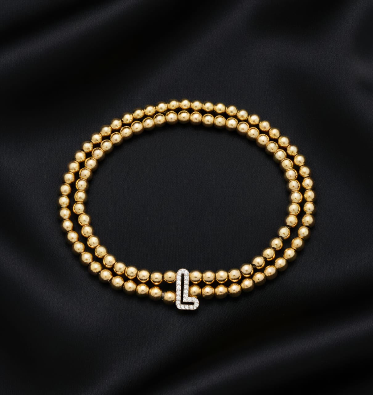 Golden Double Layer Beaded Initial “L” Bracelet for Women & Girls