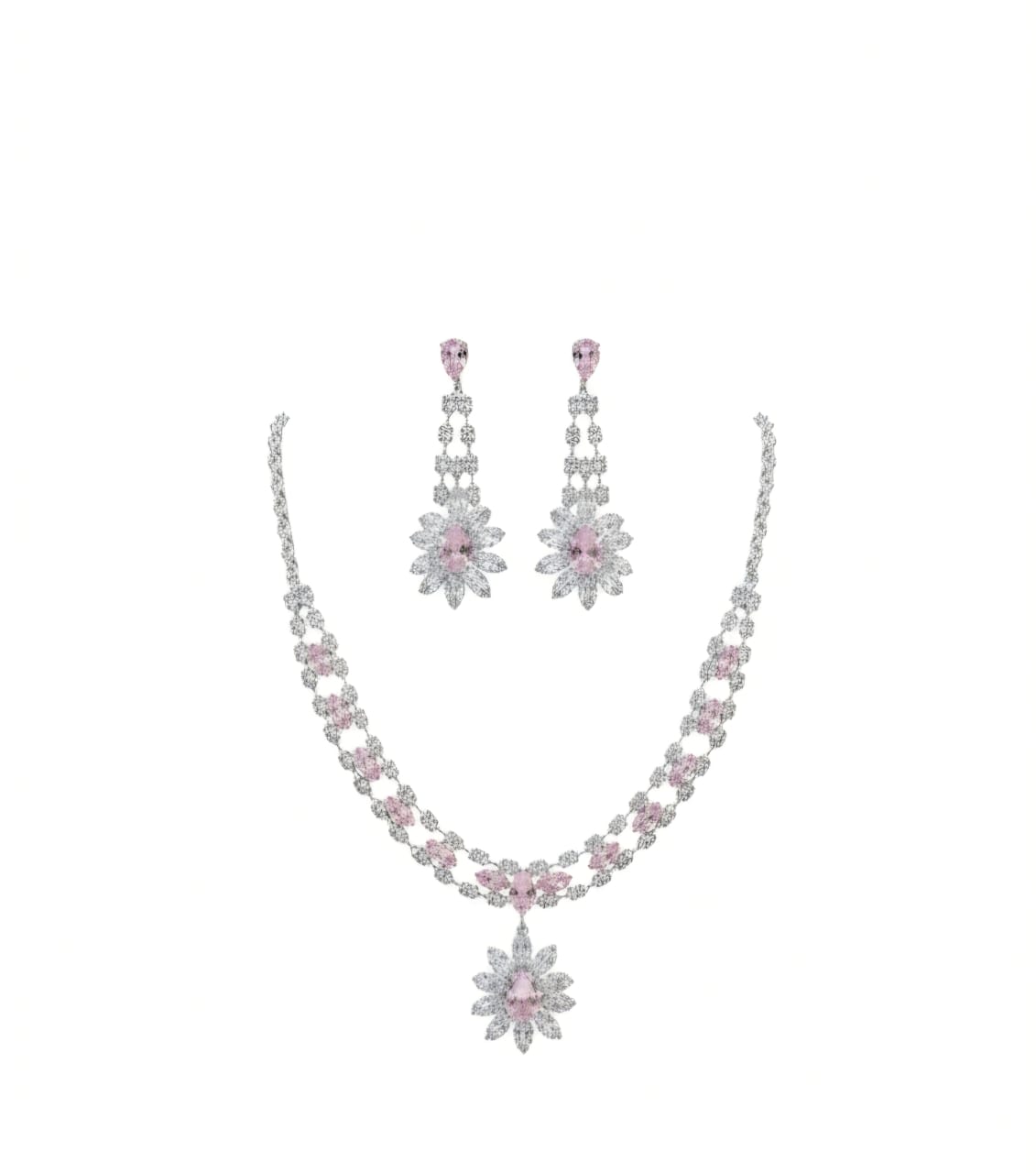 Sparkling Silver-Tone Pink Floral Necklace Set with Earrings