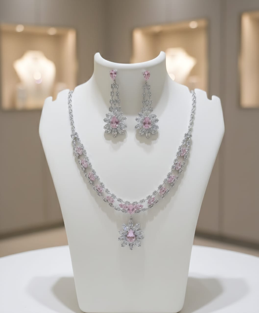 Sparkling Silver-Tone Pink Floral Necklace Set with Earrings