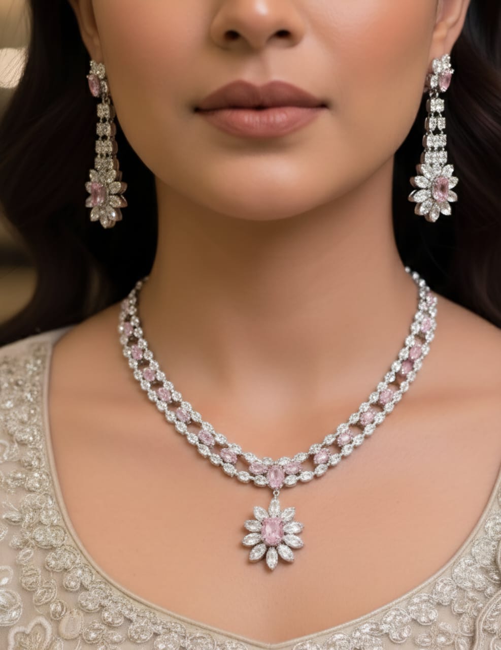 Sparkling Silver-Tone Pink Floral Necklace Set with Earrings