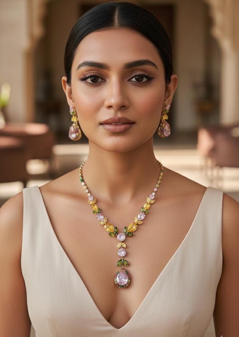 Pastel Multi-Color Gemstone Long Pendant Necklace for Fusion Look