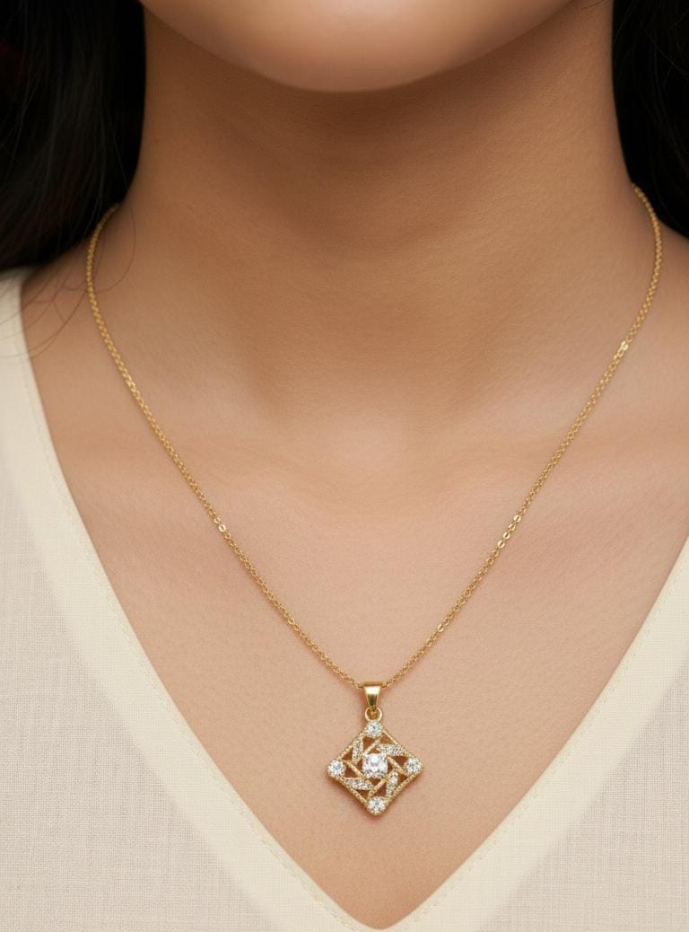 Minimal Gold-Plated Diamond-Shaped Pendant Necklace for Daily Wear