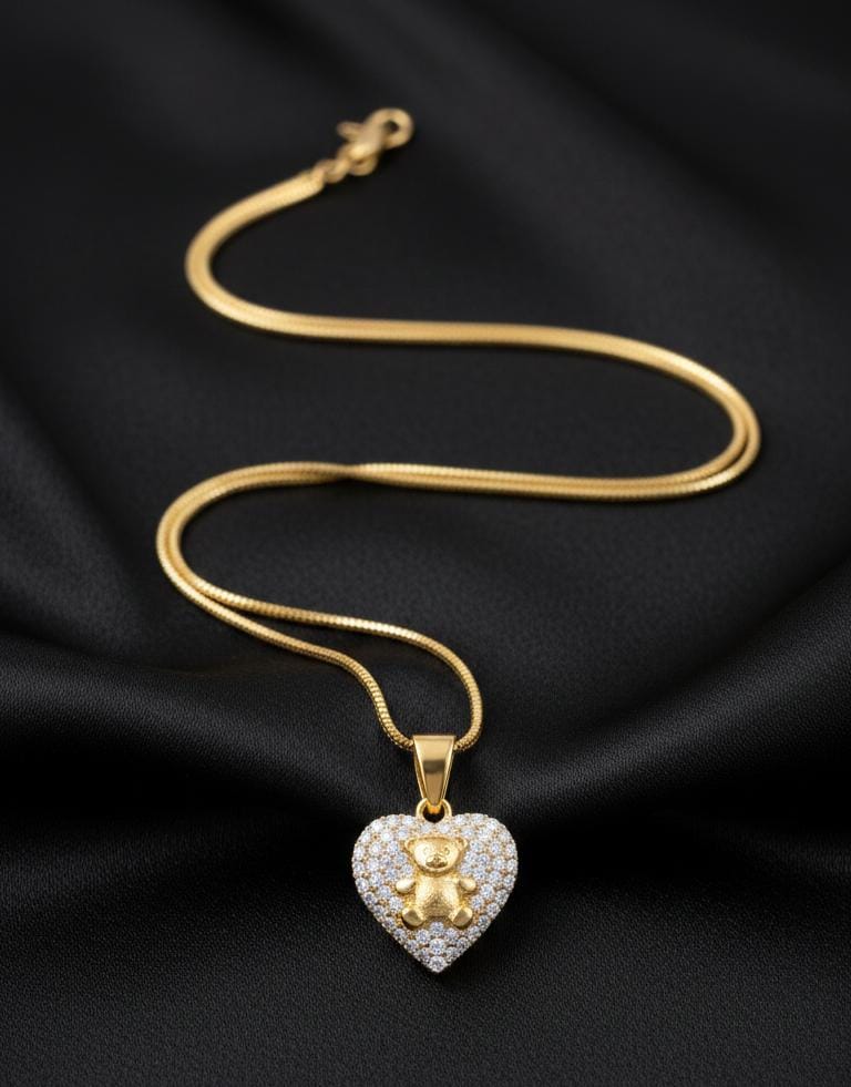 Gold-Plated Teddy Bear Heart Pendant Necklace Anti Tarnish Waterproof