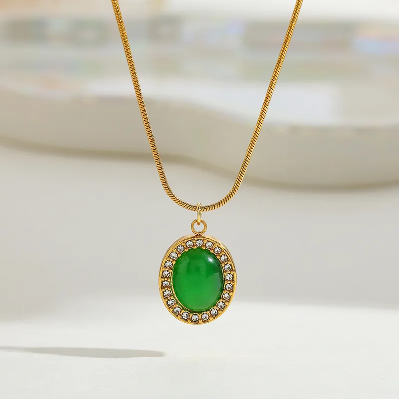 Anti-Tarnish Waterproof Gold Plated Green Stone Pendant Necklace for Women