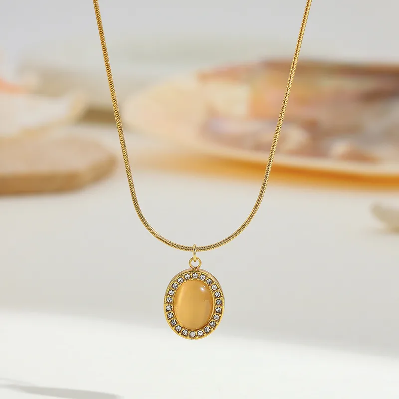 Anti-Tarnish Waterproof Gold Plated Orange Stone Pendant Necklace for Women
